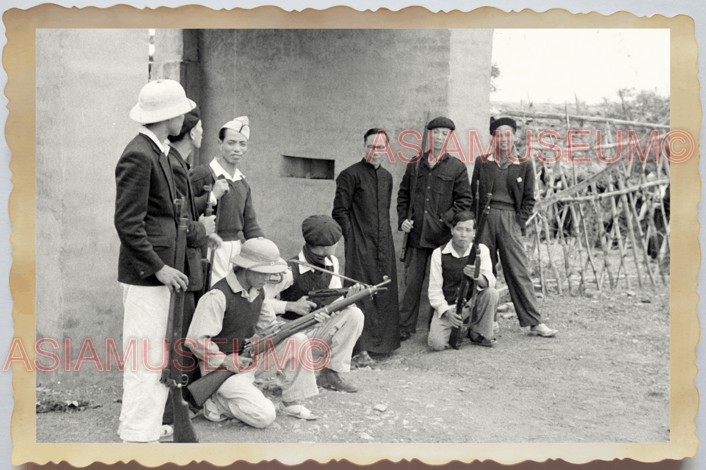 40s WW2 Vietnam HANOI FRANCE ARMY SOLDIER GUN PASTOR CHURCH Vintage Photo 24603