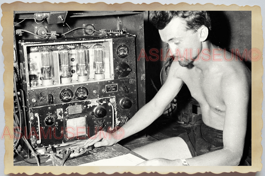 40s WW2 Vietnam FRENCH ARMY WIRELESS RADIO PHONE TOPLESS MAN Vintage Photo 24919