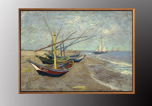 VAN GOGH Fishing Boats on the Beach at Saintes-Maries 50x70cm WITH Gold FRAMED