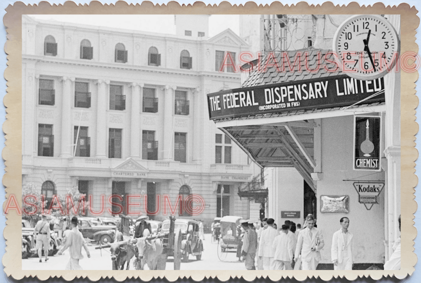 40s Street Scene Building Bullock Cart Chartered Bank Old Singapore Photo 17606