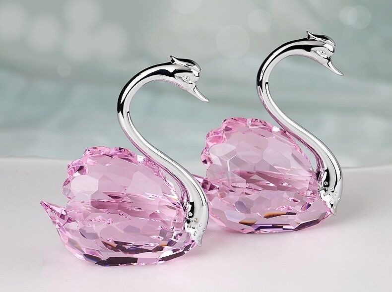 HUGE BIG PAIR SWAN PINK CRYSTAL WEDDING VALENTINE'S FIGURINE SILVER WHITE GOLD