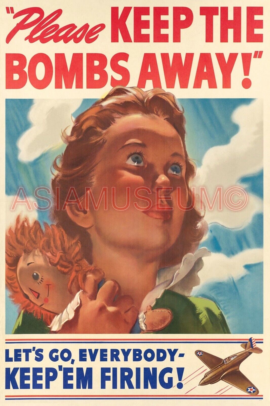 1945 WW2 USA AMERICA FLAG WAR RECUITMENT GIRL PLANE DOLL KID PROPAGANDA Postcard