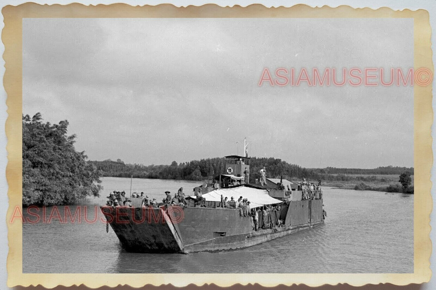 50s Mekong River Cargo Ship Army Soldier Port Man Vietnam War Vintage Photo #636