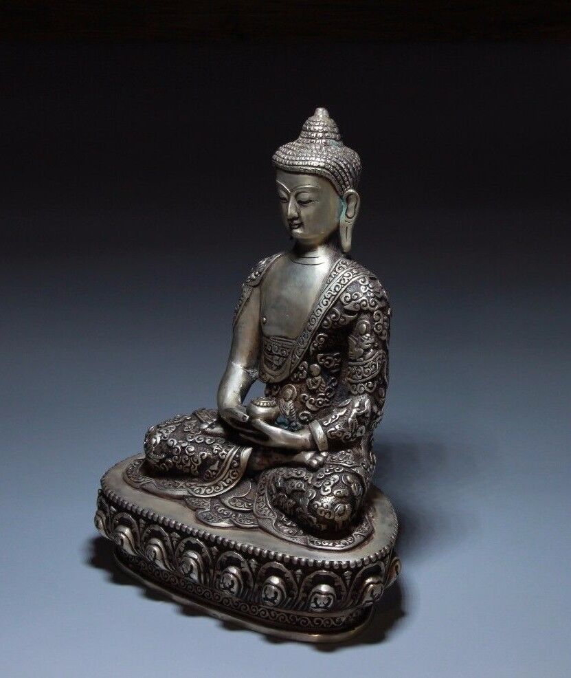 9" Tibet Tibetan Buddhism White Copper Silver Gilt Siam Buddha Bowl Seat Statue