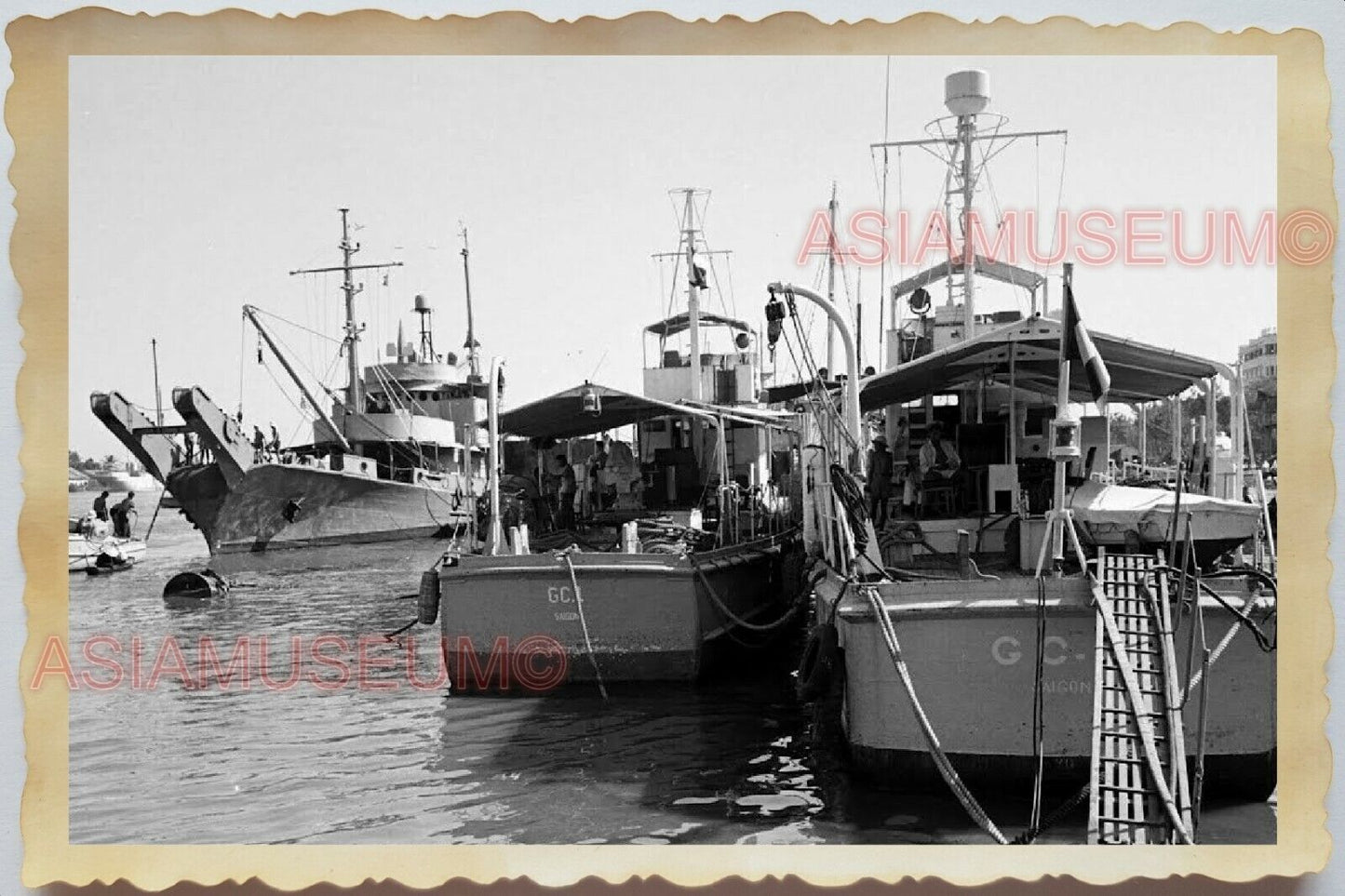 50s Vietnam War Saigon Ho Chi Minh Boat Warship Dock Pier  Vintage Photo #1088