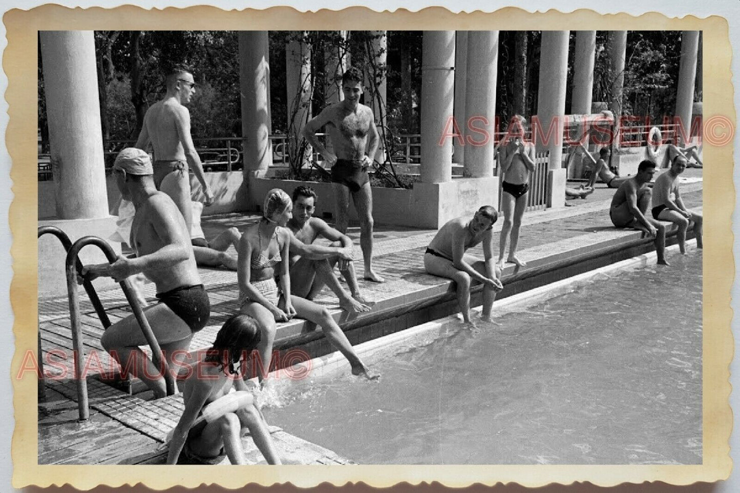 50s Indochina Vietnam Army Soldier Women Lady Swimming Pool Vintage Photo #581