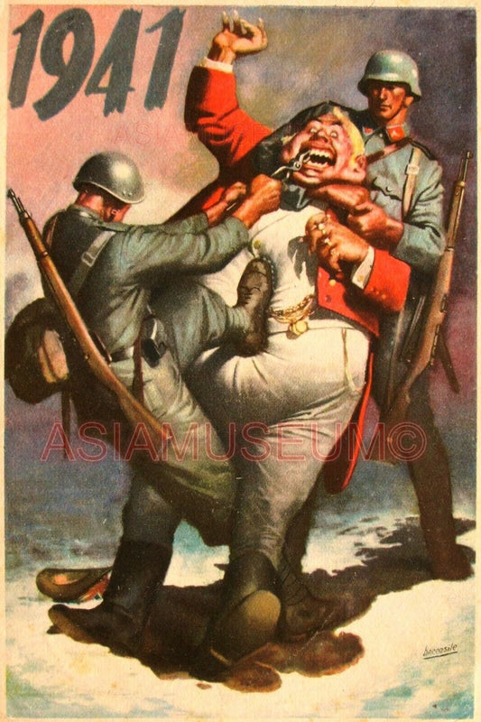 1941 WW2 USA AMERICA BRITISH WINSTON CHURCHILL ALLIES GUN ARMY SODLIER Postcard