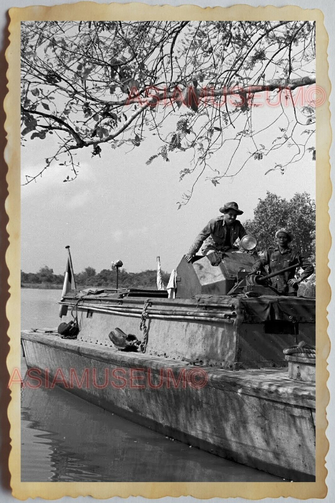 40s Vietnam War MEKONG RIVER FRANCE AMPHIBIAN SHIP FLAG NAVY Vintage Photo 1538