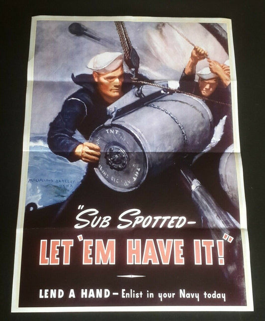 1944 WW2 USA AMERICA NAVY MARINE SUBMARINE WAR BOMB TORPEDO PROPAGANDA POSTER