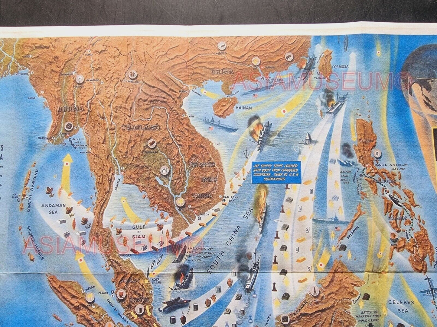 1943 WW2 AMERICA USA JAPAN PACIFIC WAR SOUTH CHINA SEA WAR MAP PROPAGANDA POSTER