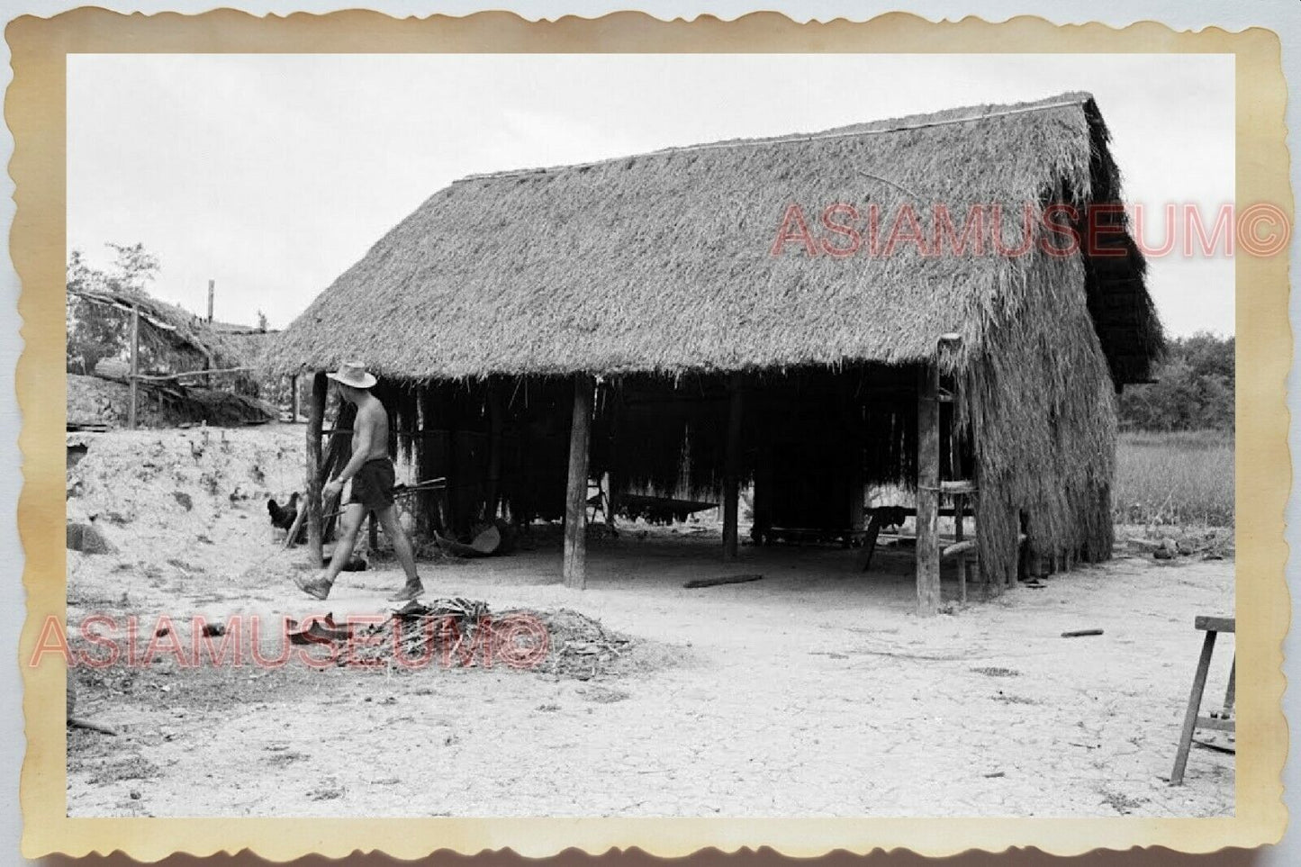 50s Vietnam SAIGON VILLAGE HUT ARMY TOPLESS MAN SOLDIER OLD Vintage Photo 1630