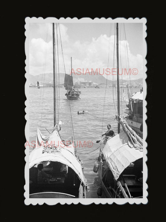 1940s Harbor Ship Boat Junk Sail  Vintage B&W Old Hong Kong Photograph #1697