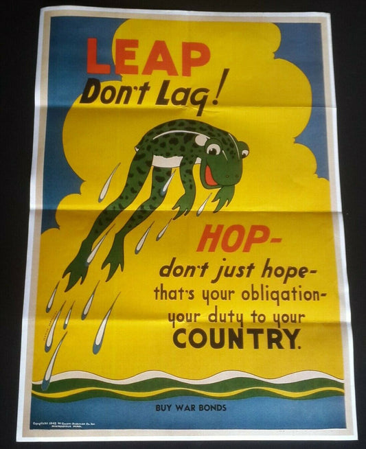 1943 WW2 USA AMERICA BUY WAR BOND FROG JOB HOP ARMY SOLDIER PROPAGANDA POSTER