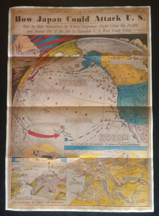 1943 WW2 JAPAN PACIFIC WAR ATTACK USA AMERICA MAP PEARL HARBOR PROPAGANDA POSTER