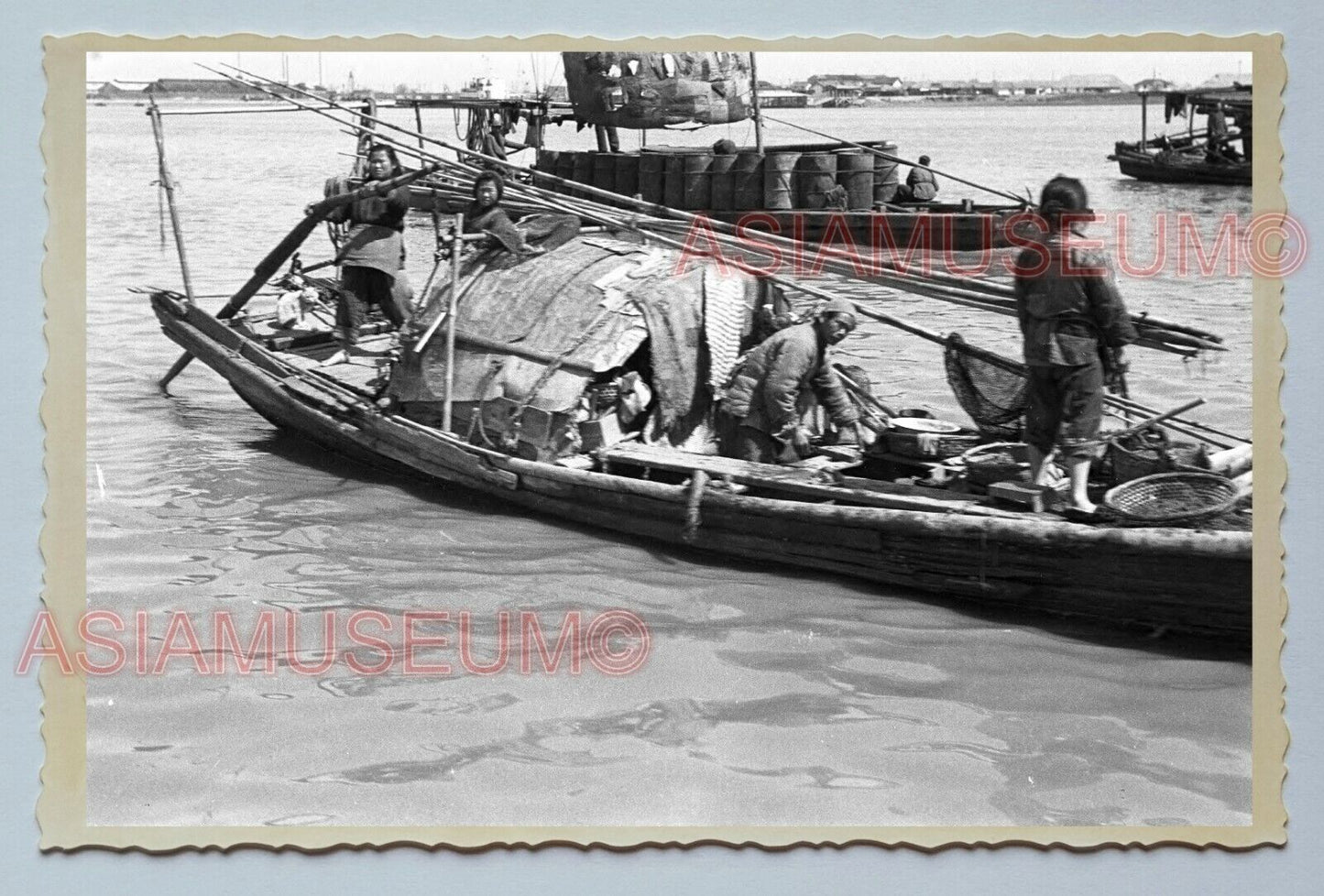 1940s BOAT HOUSE SAMPAN LIFE RIVER Vintage China Shanghai Photo #3266 中国上海老照片