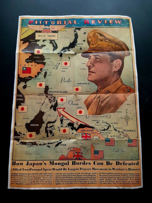 1942 WW2 AMERICA PACIFIC WAR MACARTHUR JAPAN FLAG NAVY WARSHIP PROPAGANDA POSTER