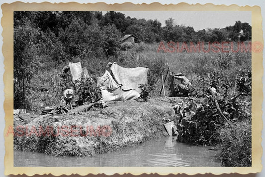 50s Vietnam War Army Topless Soldier Trap River Camp Hat  B&W Vintage Photo #947