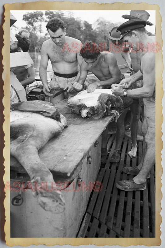 50s Vietnam SAIGON GROUP MEN TOPLESS ARMY SOLDIER GAY COOK HAT Vintage Photo 712