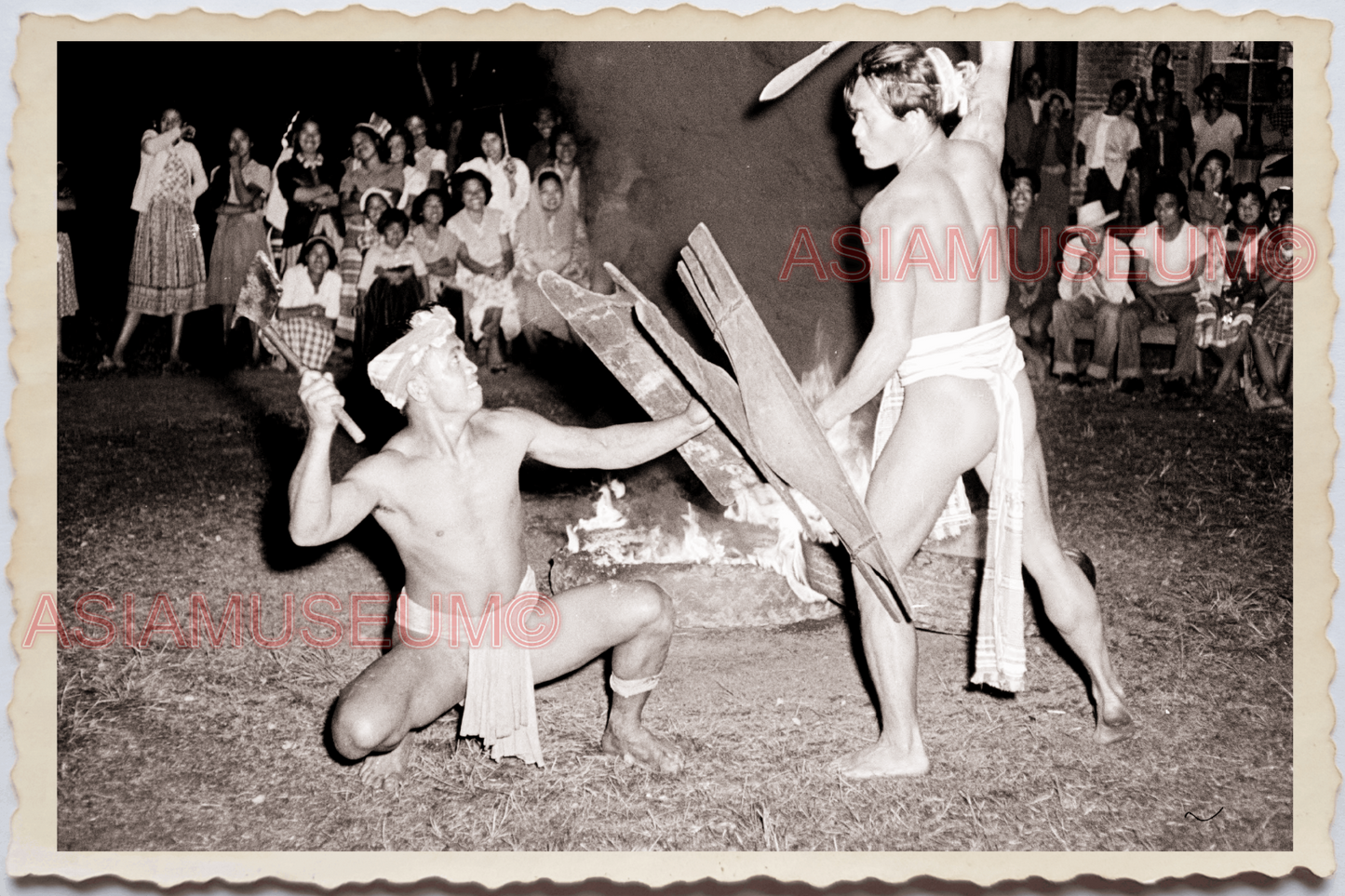 50s PHILIPPINES TRADITIONAL DANCE TOPLESS AXE MAN KNIFE GAY Vintage Photo 24069