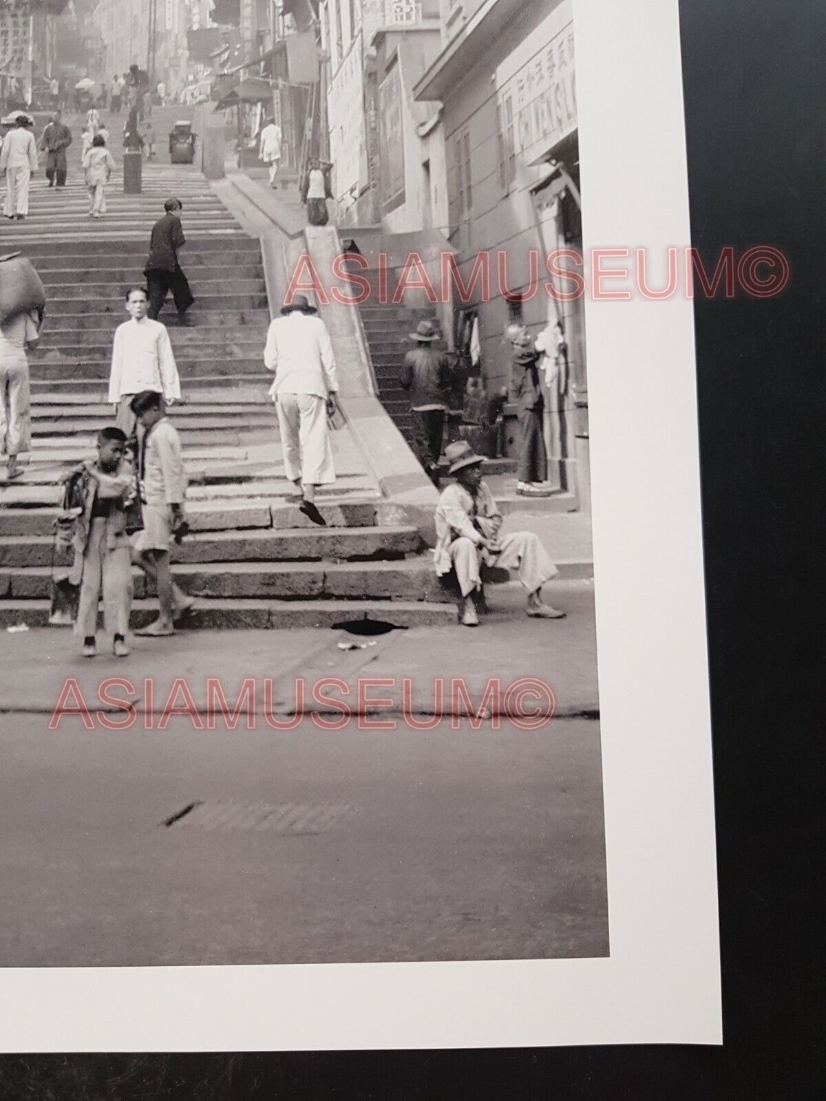 40's LARGE HONG KONG CENTRAL STEPS STREET SCENE CHILDREN Old Vintage Photo 香港老照片