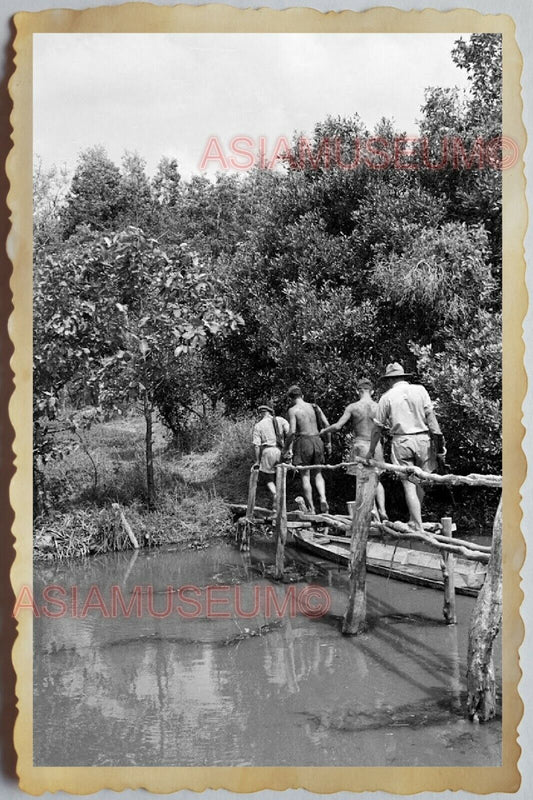 50s Vietnam SAIGON ARMY SOLDIER TOPLESS JUNGLE TREKKING BRIDGE Vintage Photo 492