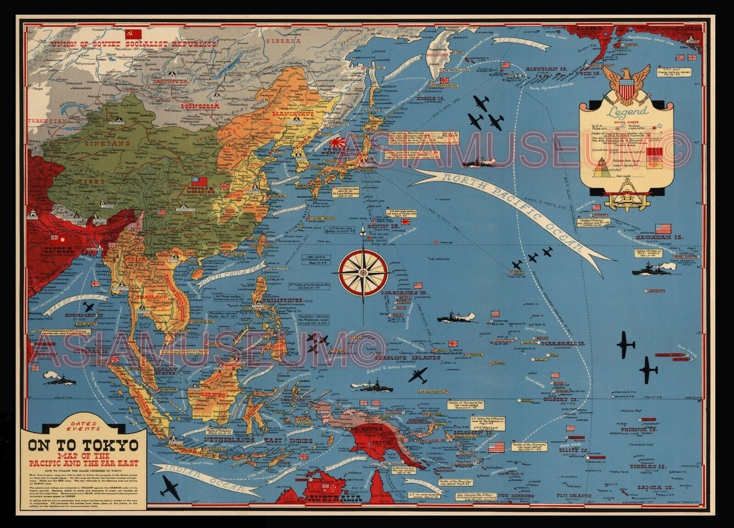 1944 WW2 USA JAPAN PACIFIC WAR MAP TIMELINE SUBMARINE WARSHIP AIRCRAFT POSTER