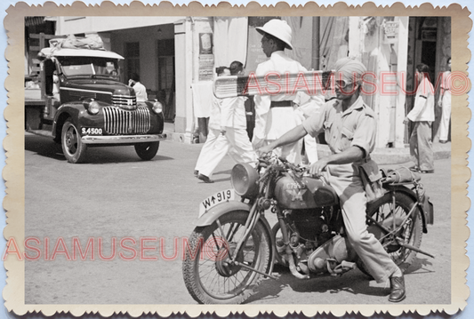 WW2 Street Scene Police Traffic Motorcycle Car Vintage B&W Singapore Photo 17714