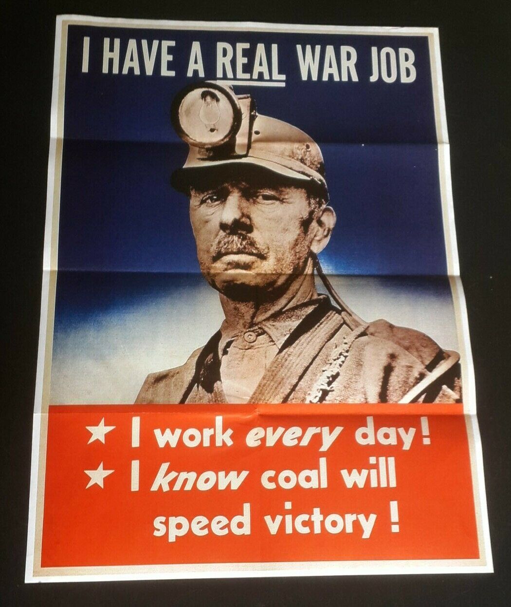 1943 WW2 USA AMERICA FACTORY ARMY SOLDIER COAL HEADLAMP WAR PROPAGANDA POSTER