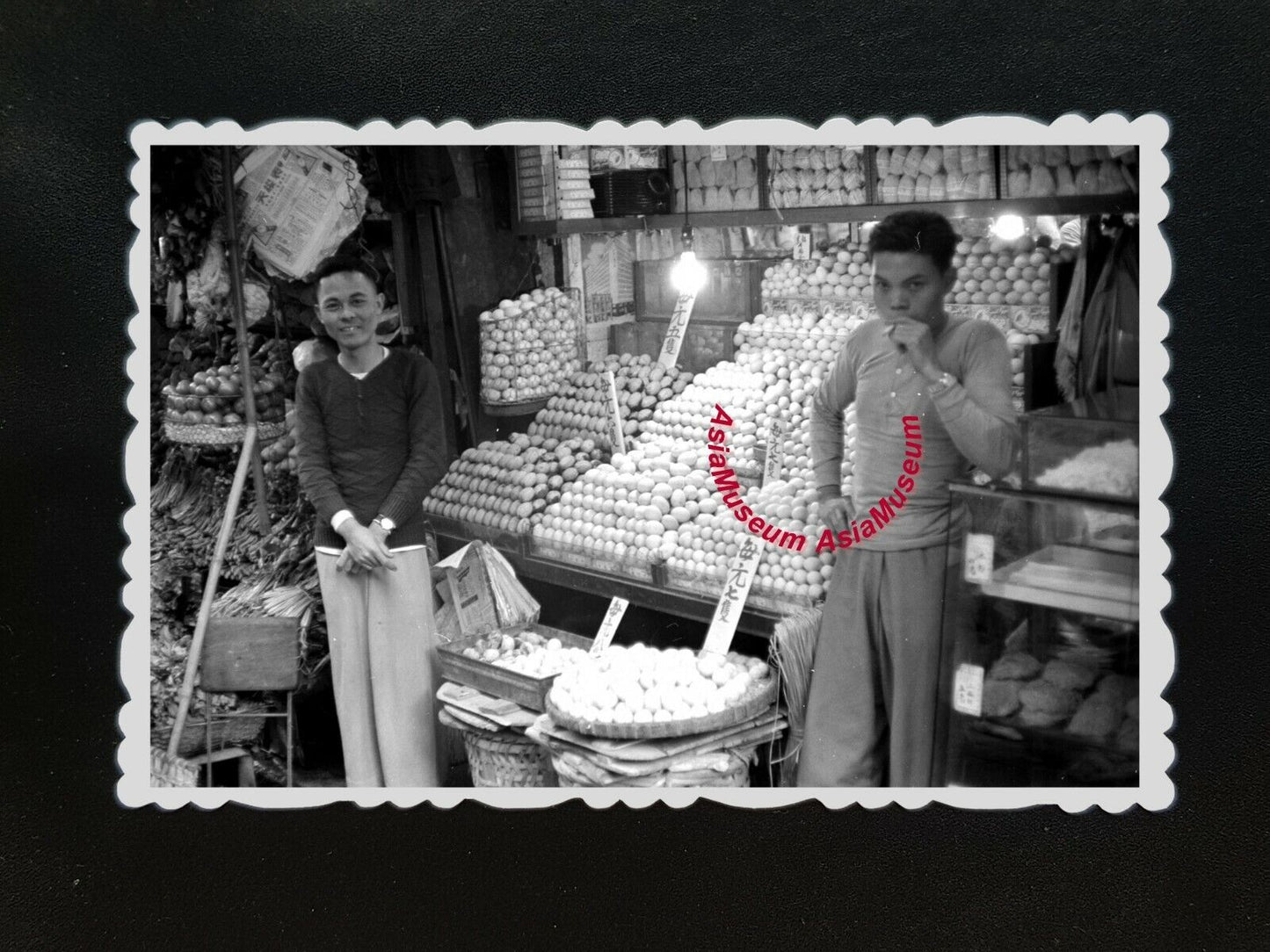 50s Vintage Hong Kong Photo B&W Men Chicken Egg Vegetables Smoking Cigarette #52