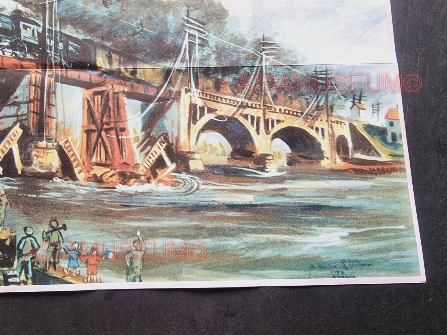 1943 WW2 AMERICA RAILROAD BRIDGE RAILWAY TRAIN ART PAINTING  PROPAGANDA POSTER