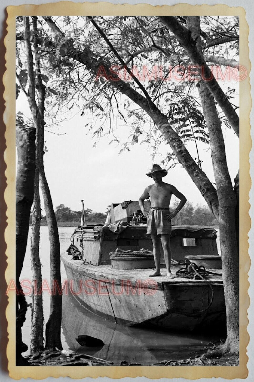 50s Vietnam SAIGON RIVER BOAT ARMY PATROL TOPLESS MAN GAY WAR Vintage Photo #790