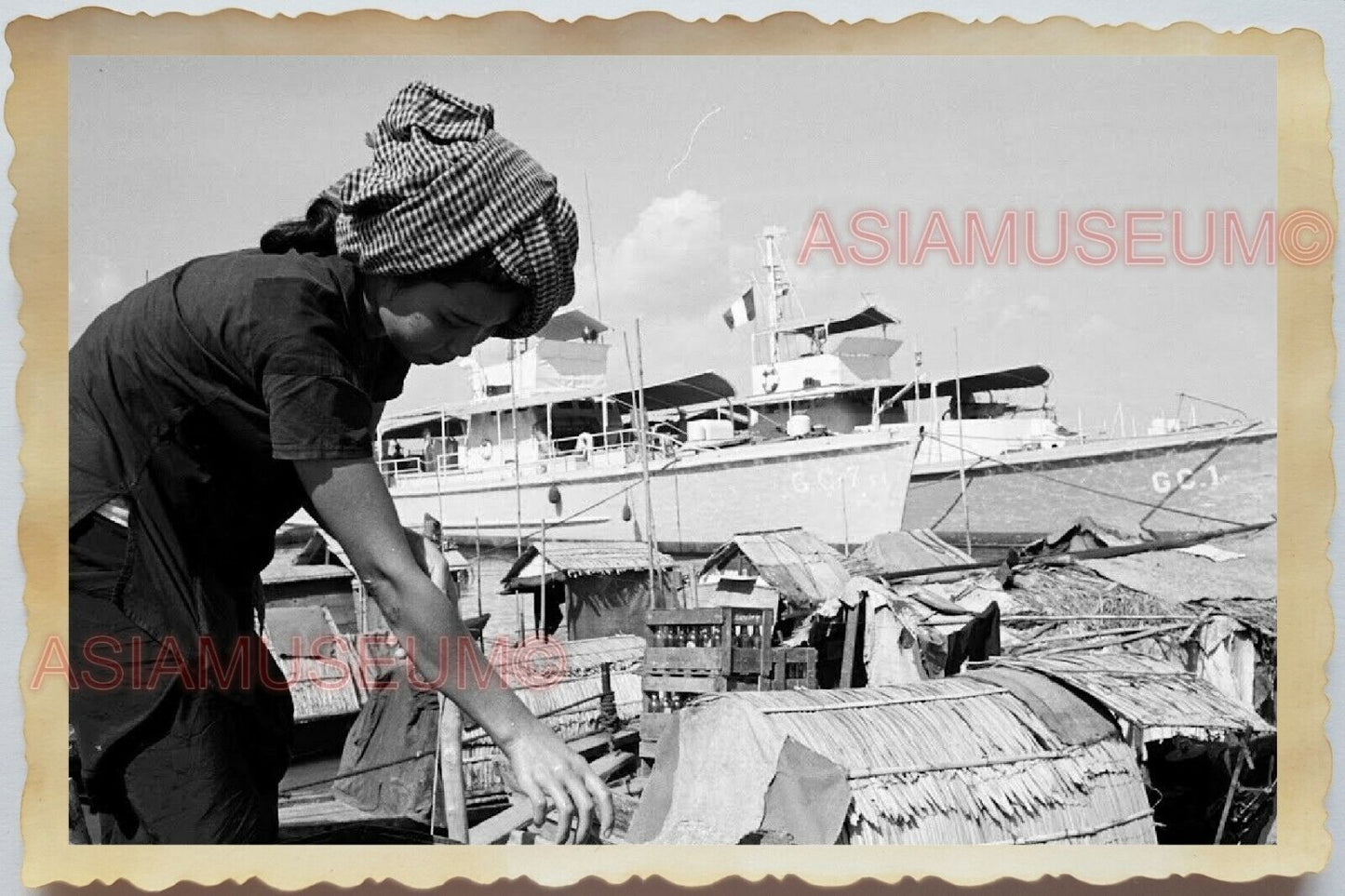 50s Vietnam War Lady Women Pier Ship Boat House Terminal  B&W Vintage Photo #956