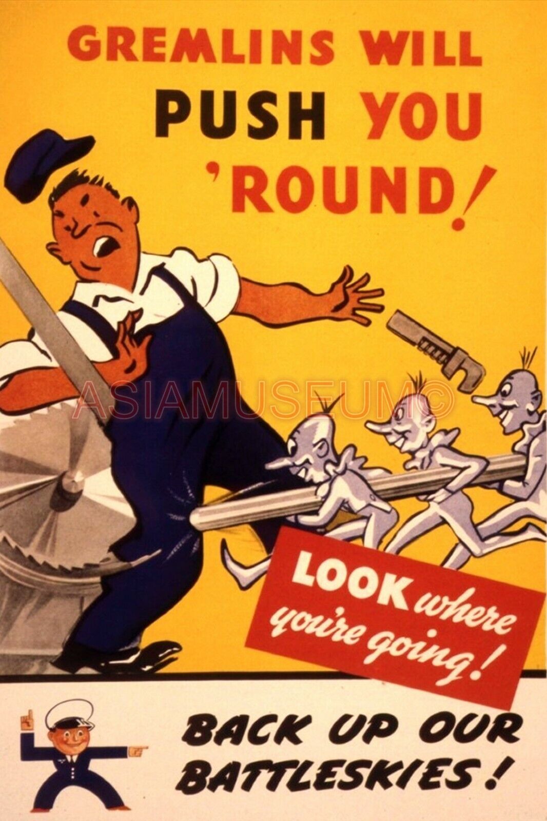 1945 WW2 USA AMERICA GREMLINS PUSH AROUND FACTORY TOOLS WAR PROPAGANDA Postcard