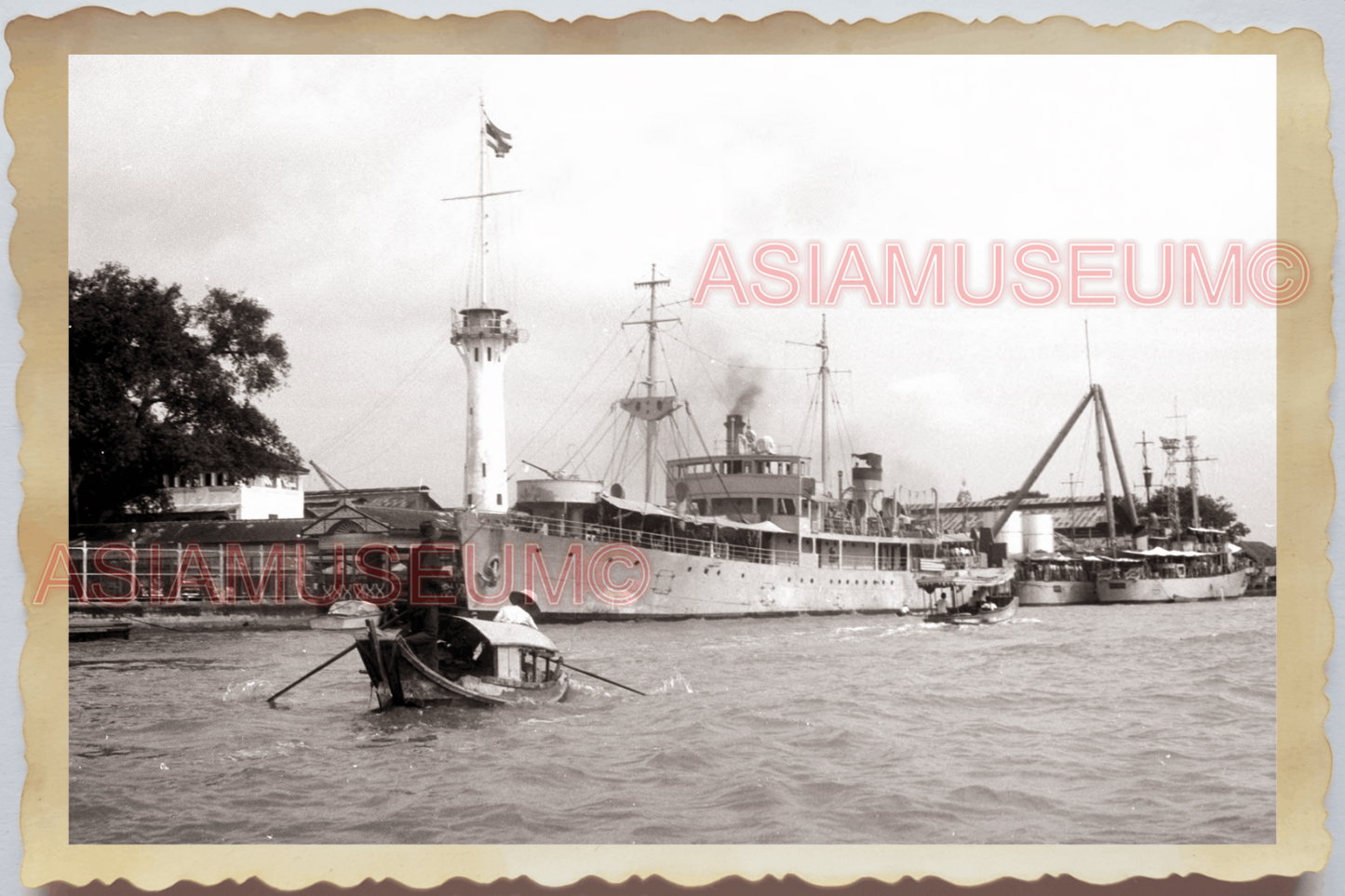 50s THAILAND BANGKOK CHAO PHRAYA RIVER SHIP DOCK FERRY PIER Vintage Photo 28194