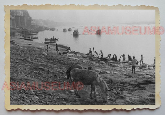 1940s Goa BOAT SHIP HARBOR DONKEY HORSE WOMEN WASHING Vintage INDIA Photo #1124