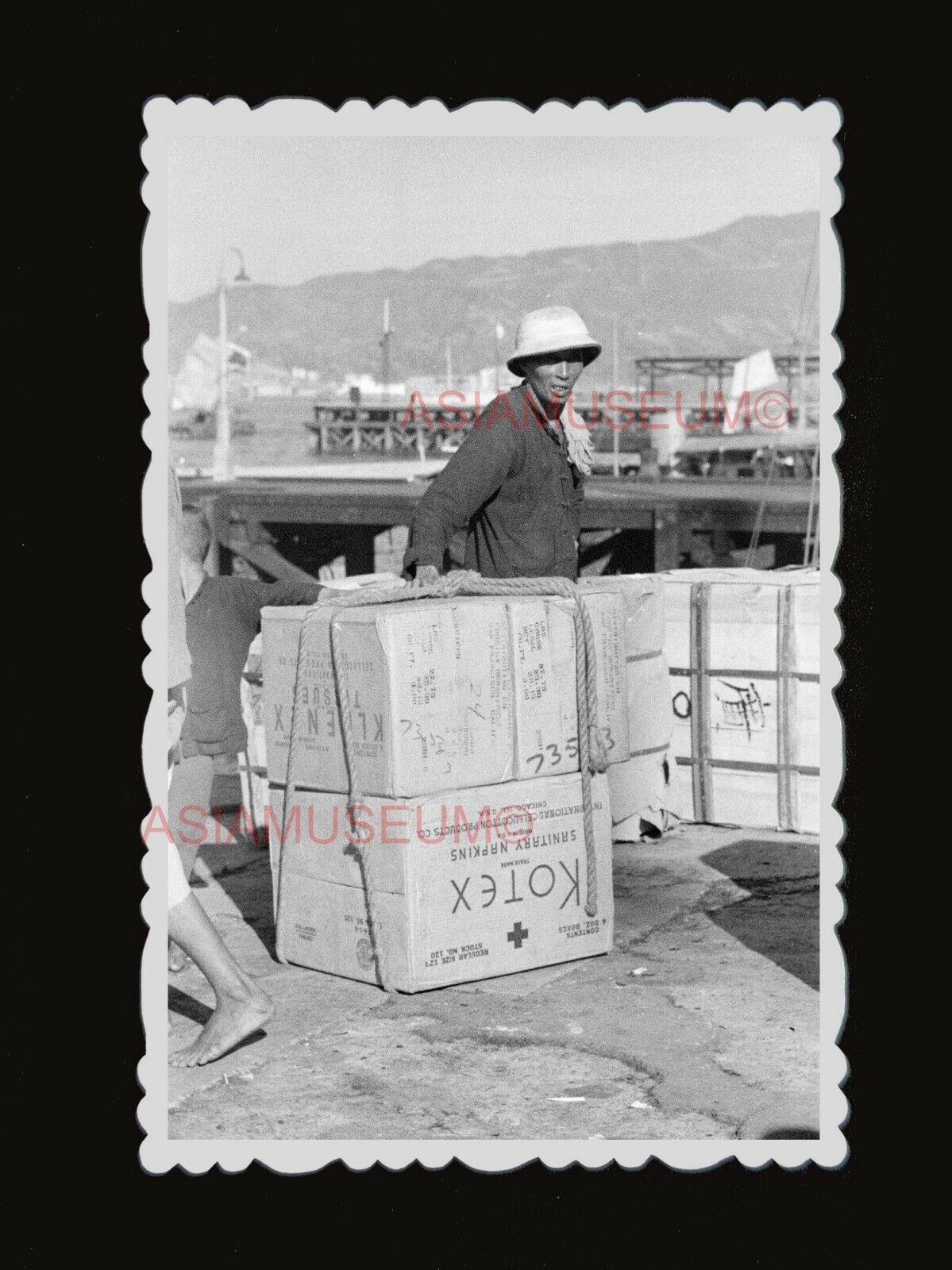 1940s Labor Coolie Cargo Kotex Pier Vintage B&W Old Hong Kong Photograph #1660