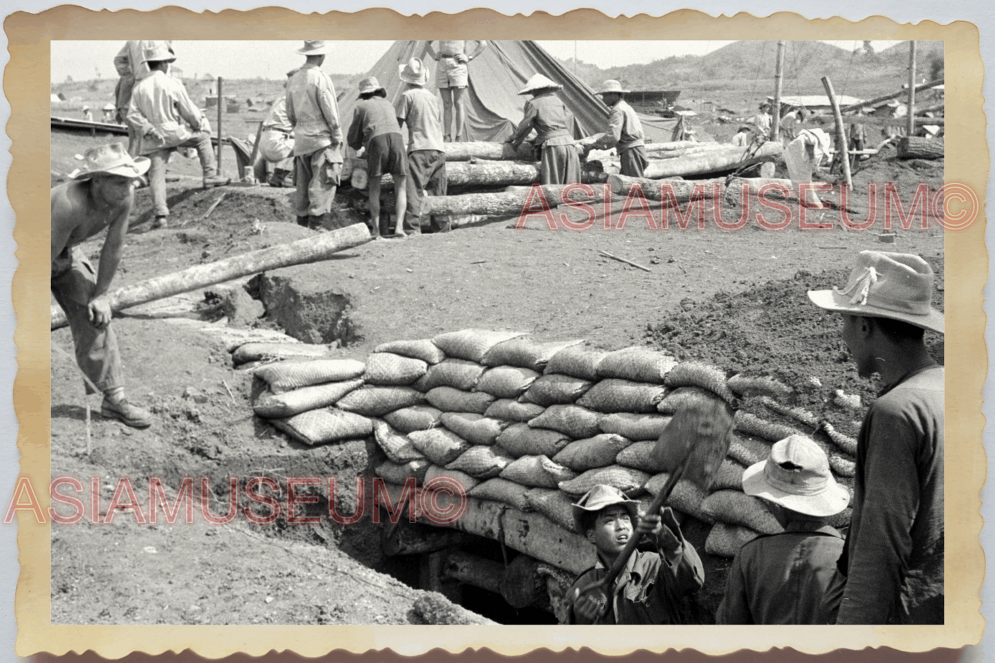 40s WW2 Vietnam ANTI BOMBING BUNKER TUNNEL LOG TOPLESS ARMY Vintage Photo 25600