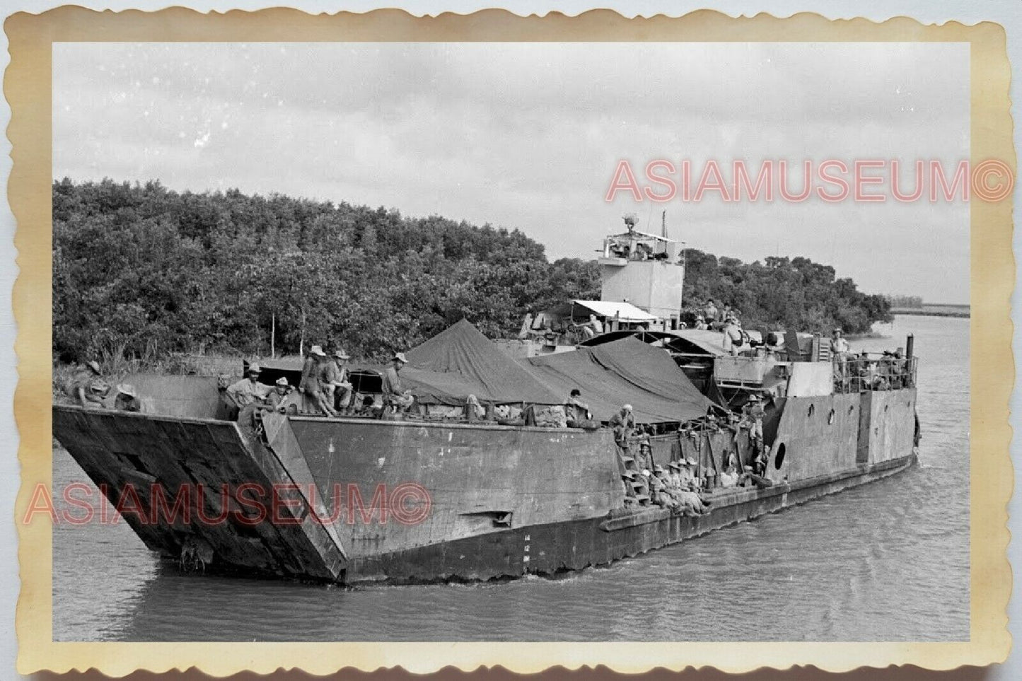 50s Mekong River Cargo Ship Army Soldier Port Man Vietnam War Vintage Photo #635