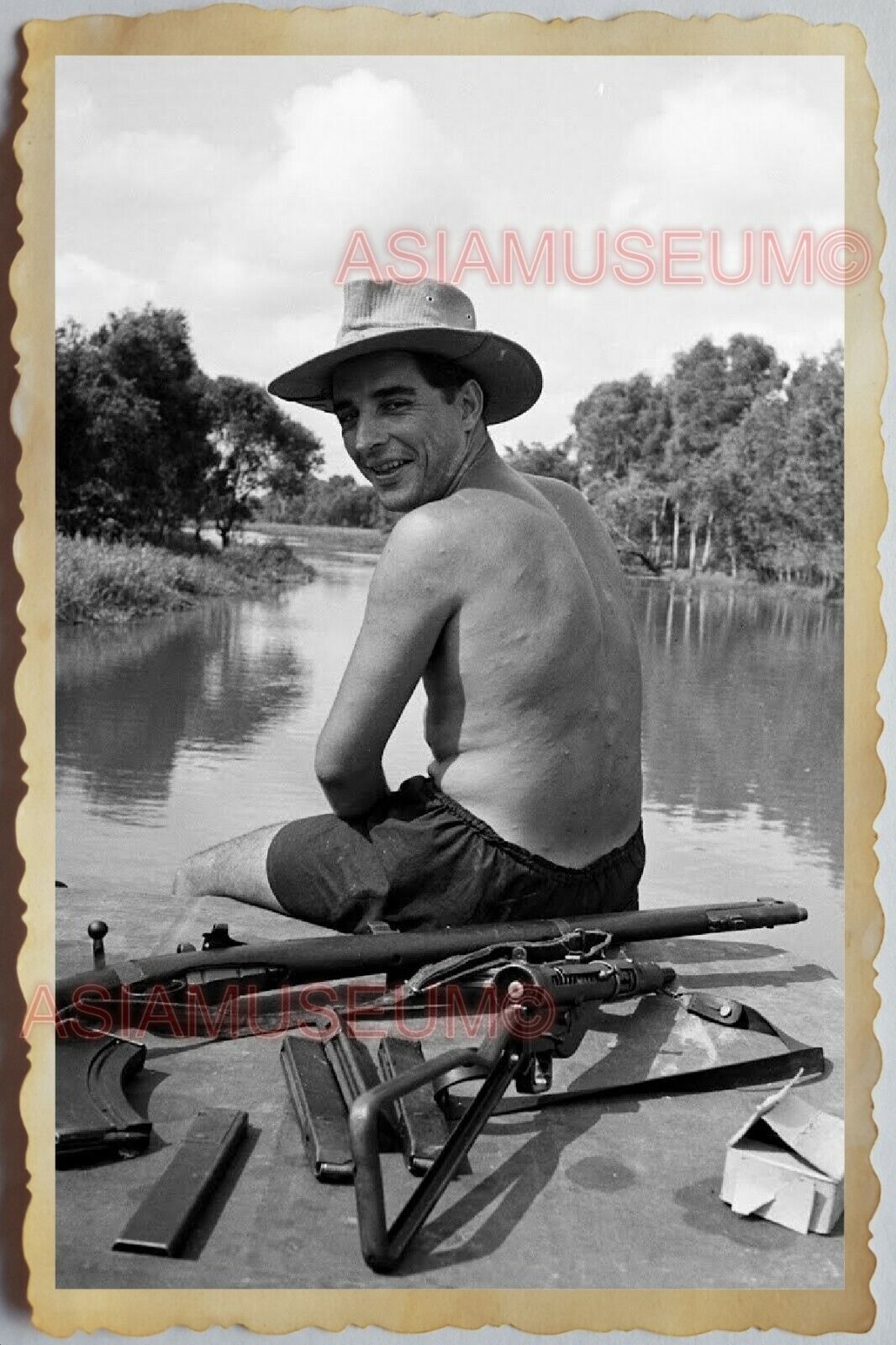 50s Vietnam SAIGON BOAT ARMY PATROL TOPLESS SMOKING MAN GAY Vintage Photo #848