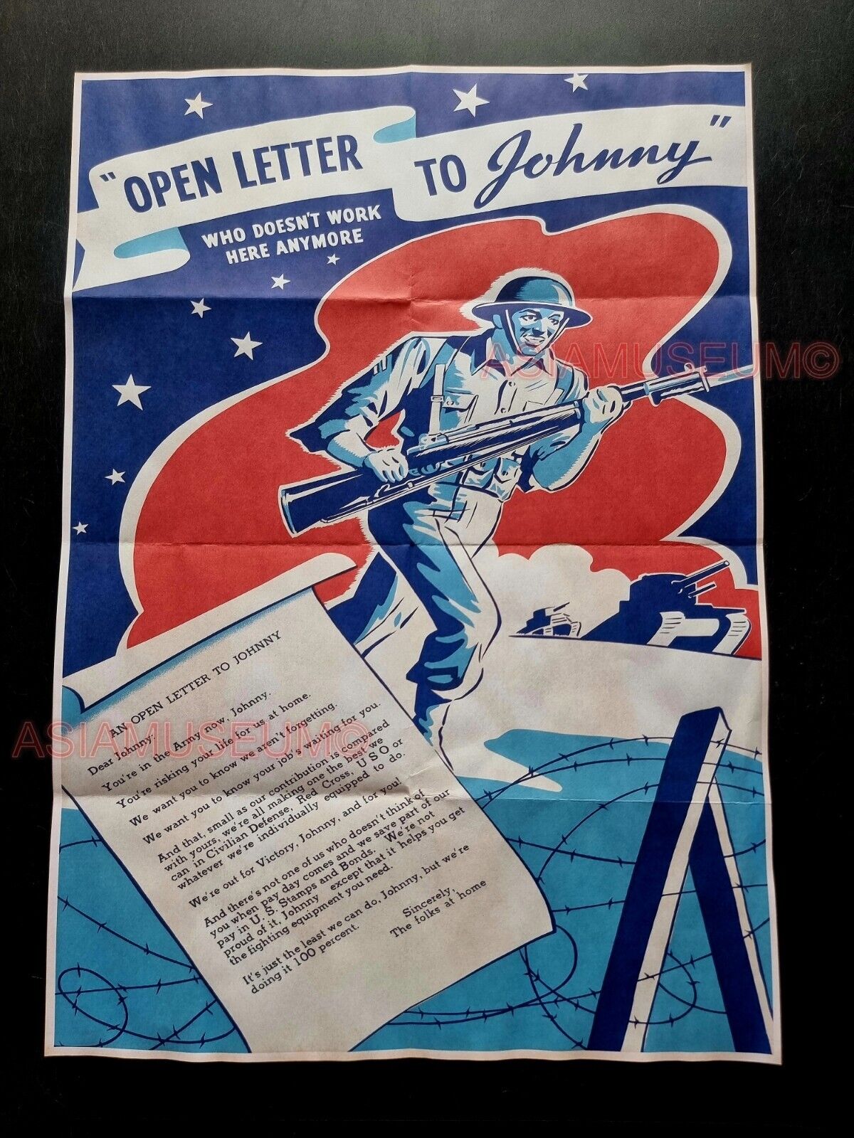 1943 WW2 USA AMERICA OPEN LETTER JOHHNY ARMY SOLDIER WAR PROPAGANDA POSTER 532