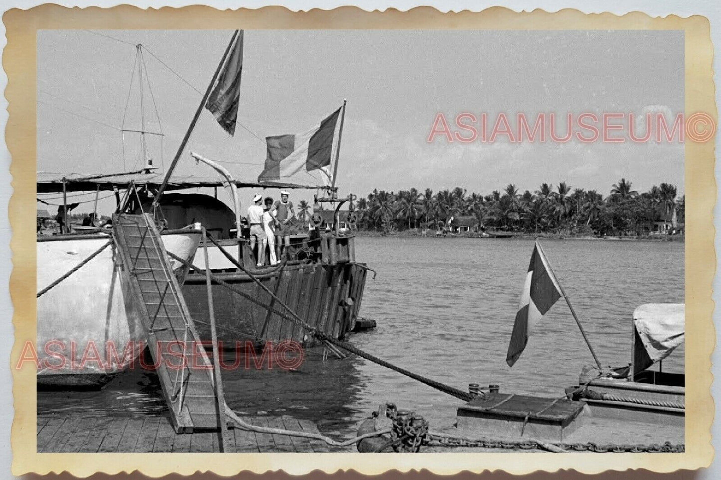 40s Army Soldier Boat River France Flag America Vietnam War Vintage Photo #657