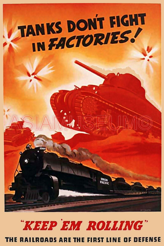 1941 WW2 USA AMERICA TANK TRAIN GUN BATTLE WAR ASIA EUROPE  PROPAGANDA Postcard