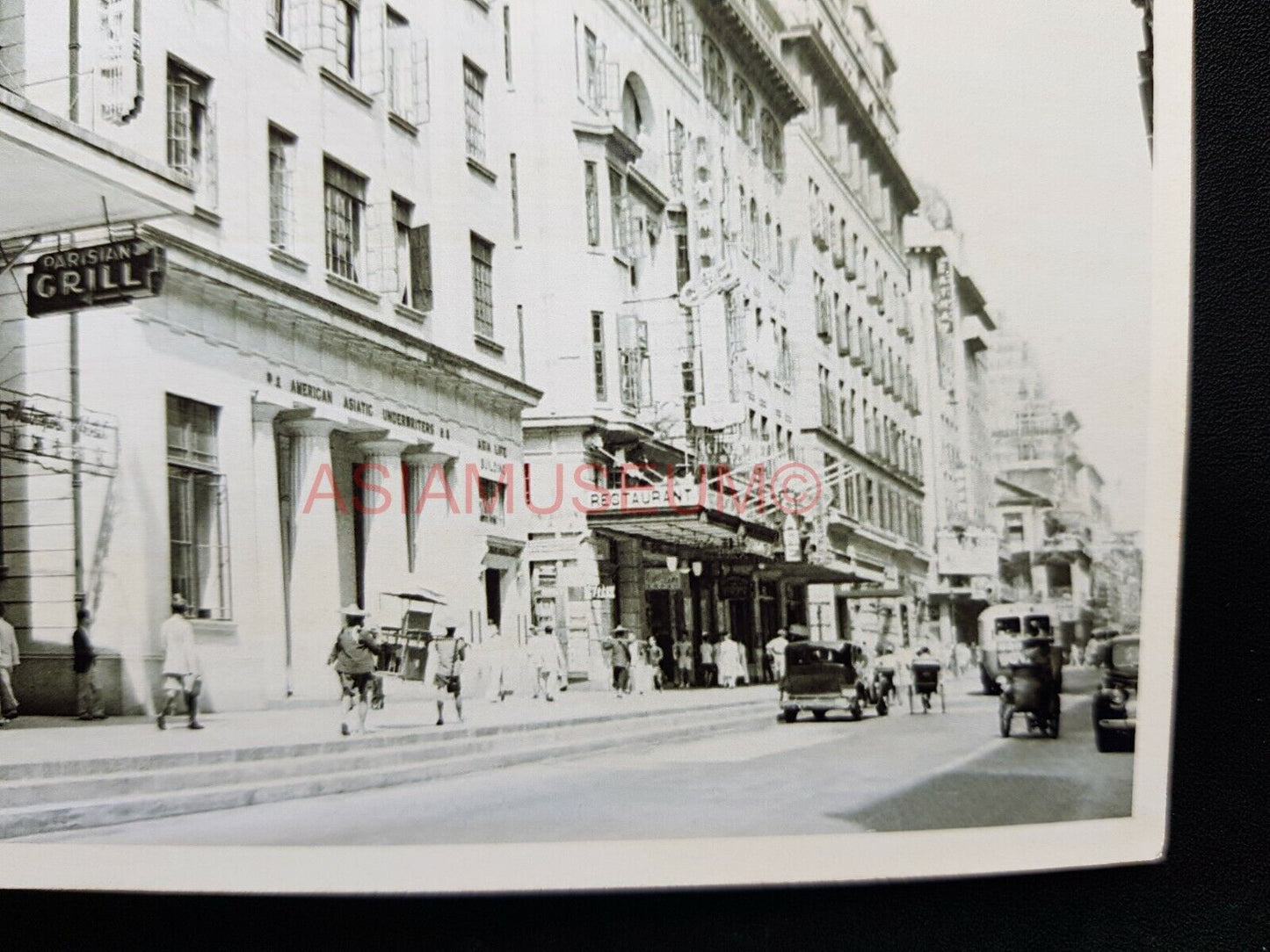 Car Bus America Building Queen's Road  Hong Kong Photo b&w Postcard RPPC 1590