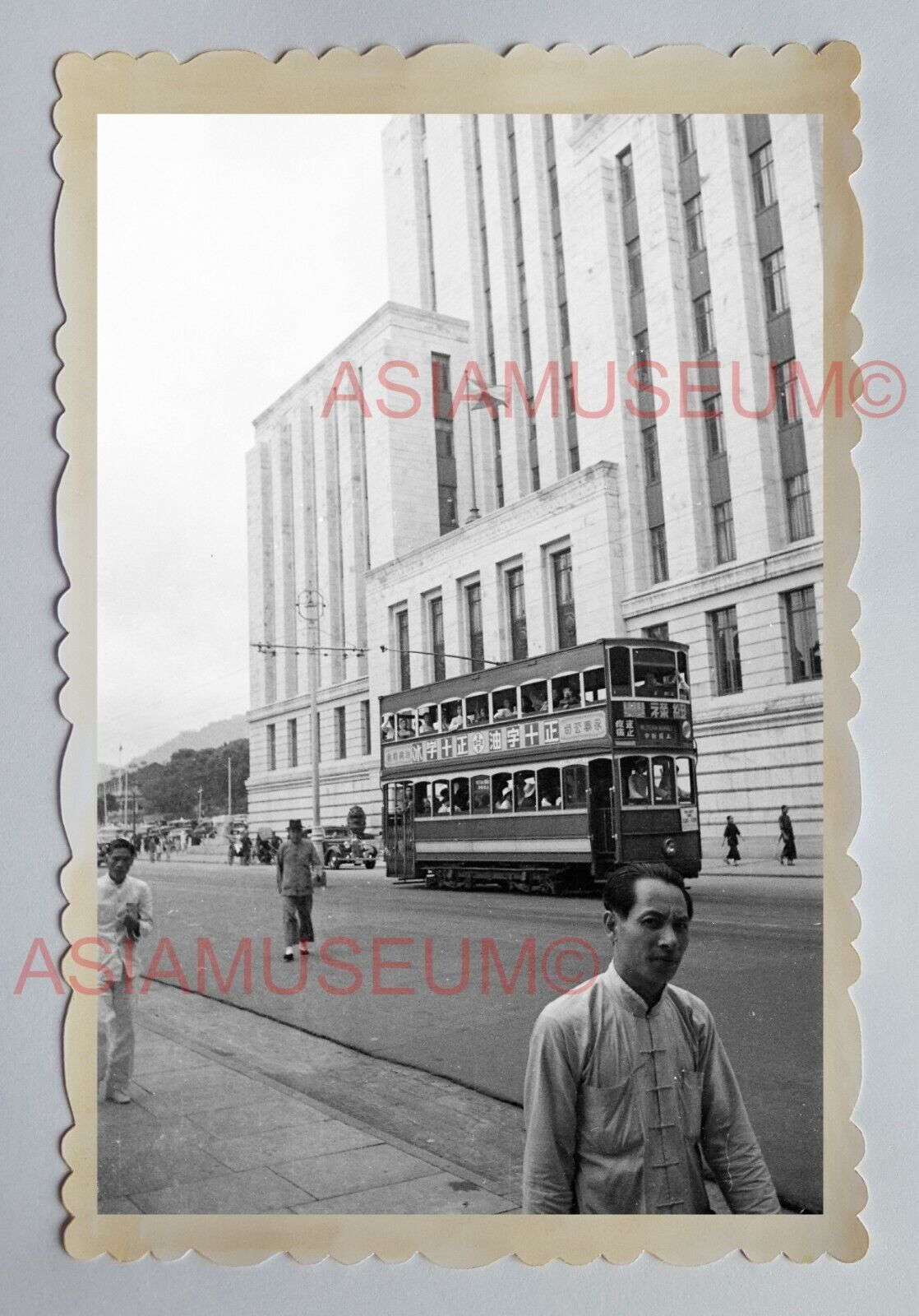 CENTRAL QUEEN'S ROAD BUS BUILDING STREET B&W Vintage HONG KONG Photo 22968 香港旧照片