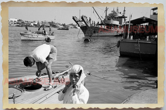 50s Vietnam War Saigon Women Man Pier River Warship Boat Lady Vintage Photo #910