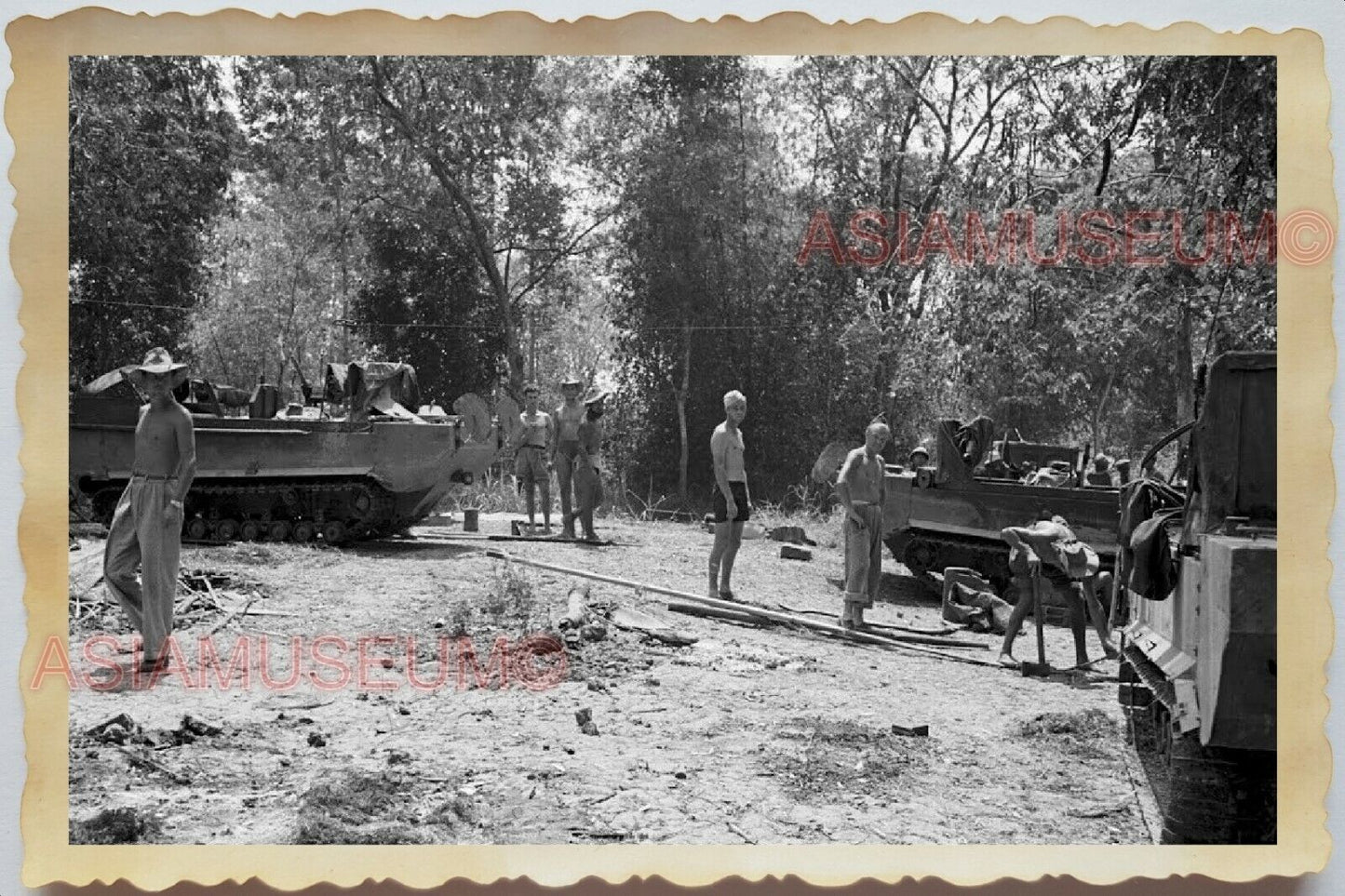 50s Indochina Vietnam Army Soldier Topless Man Tank Truck War Vintage Photo 1028