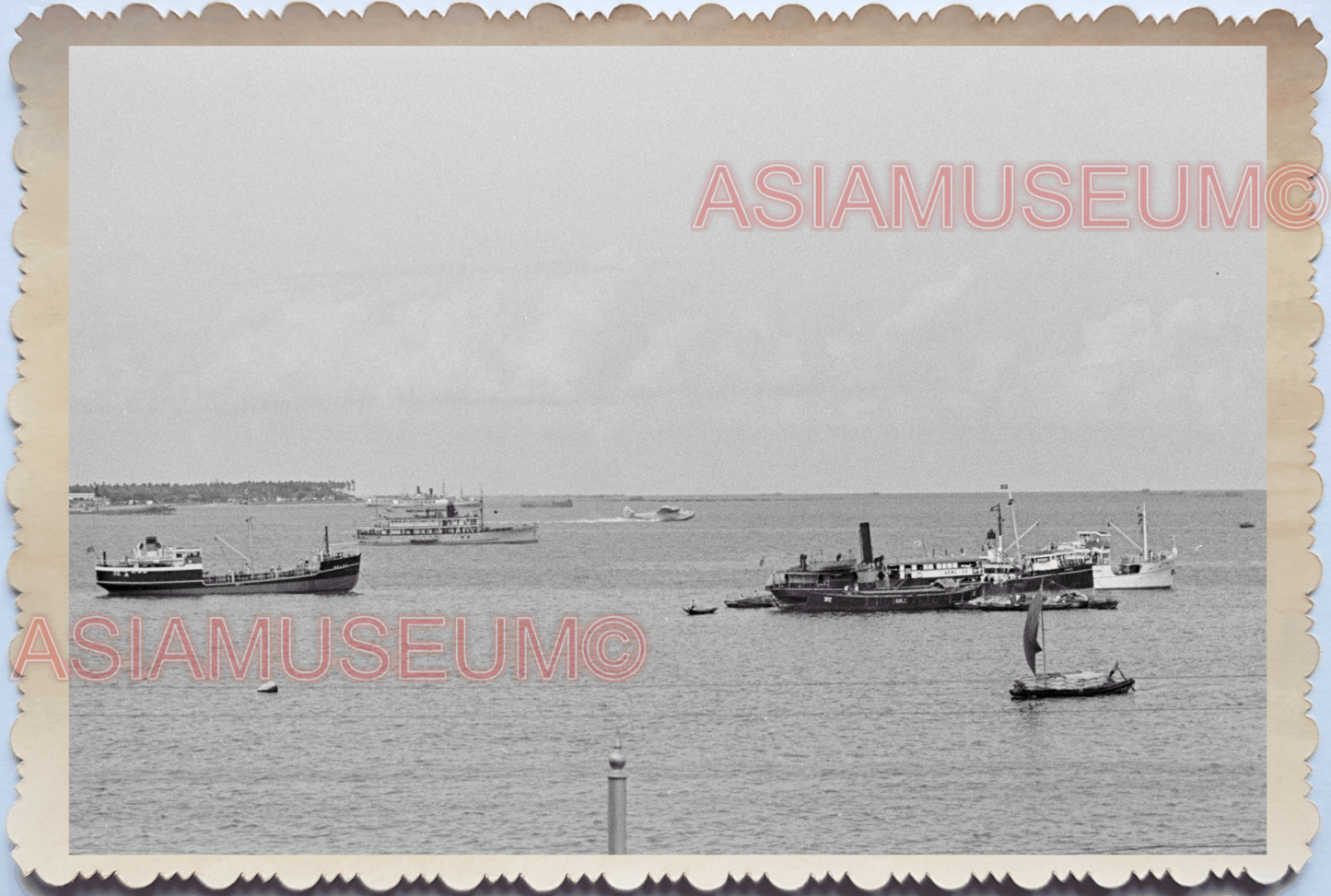 40s WW2 Port Ship Ferry Boat Lighthouse War Sea  Vintage Singapore Photo 17584