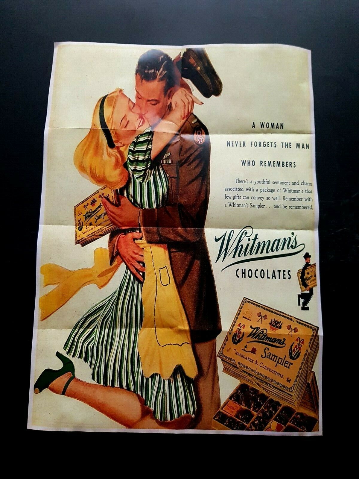 1942 WW2 USA AMERICA WHITMAN'S CHOCOLATE COUPLE WOMEN LADY WAR PROPAGANDA POSTER