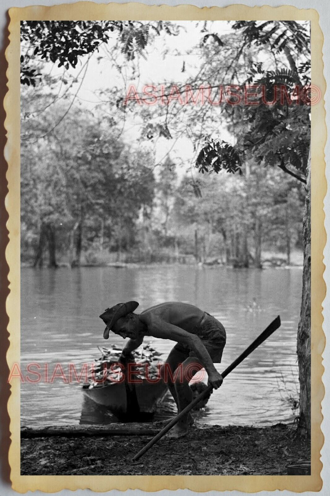 40s Vietnam War SAIGON MEKONG RIVER ARMY BOAT TOPLESS MAN Gun Vintage Photo 1369