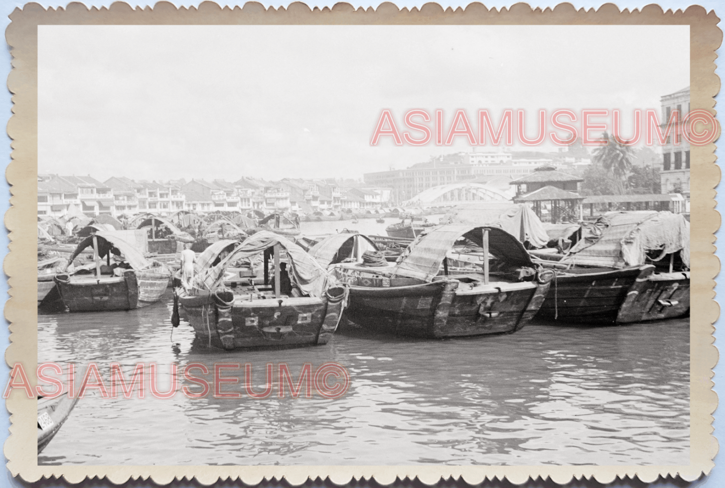 WW2 Sampan Dock Boat Quay River Anderson Bridge Vintage Singapore Photo 29211